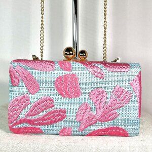 NWOT Tommy Bahama Pink & Blue Floral Clutch with Silver Chain bag Resort Chic